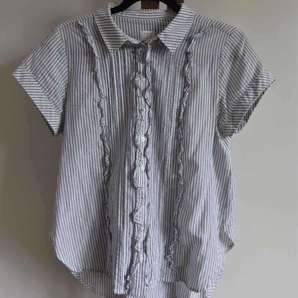Gray/White/Gold Pinstripe W/Ruffles Button Down